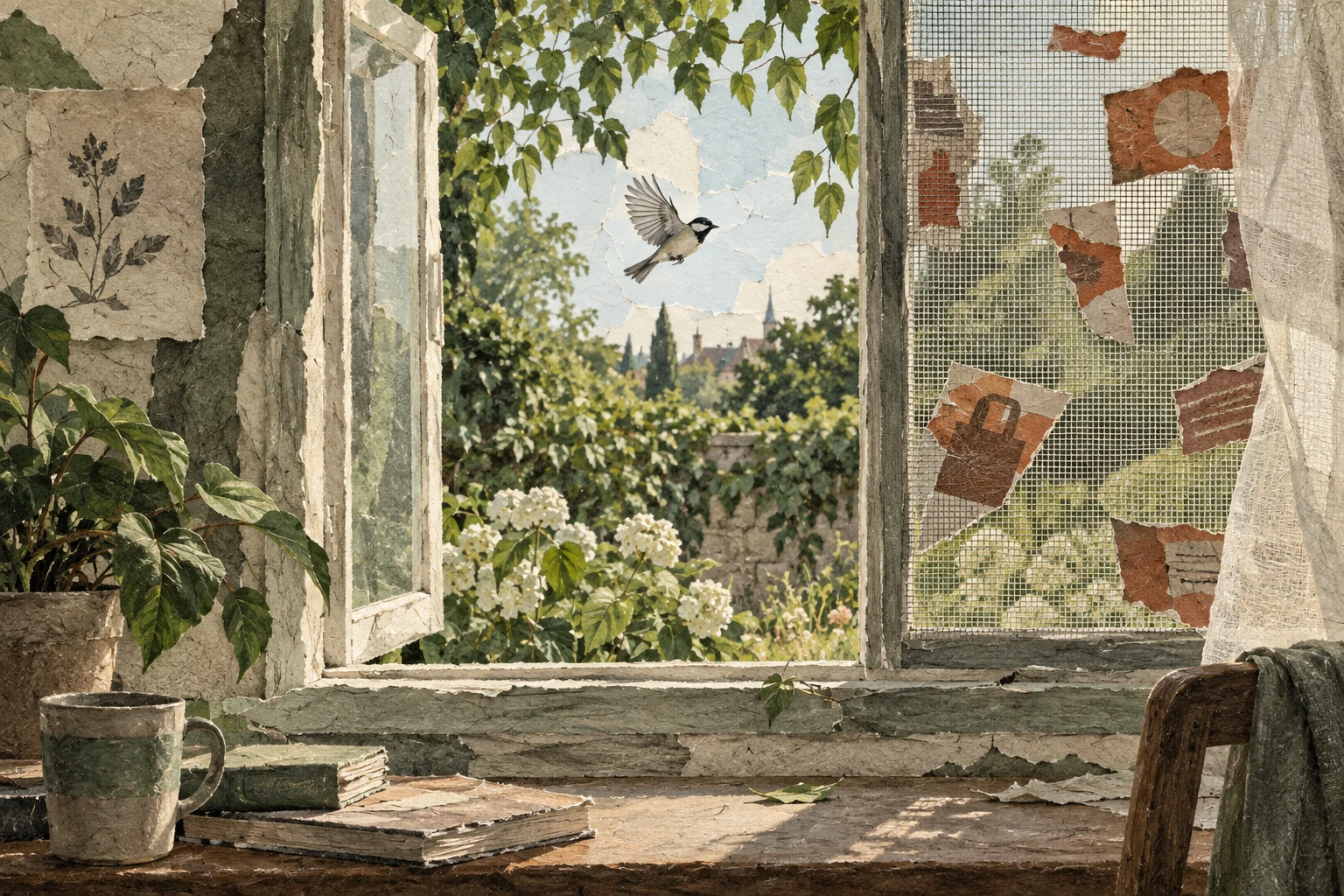 An open paper window overlooks a garden while a fine screen catches rust-coloured advertising scraps.