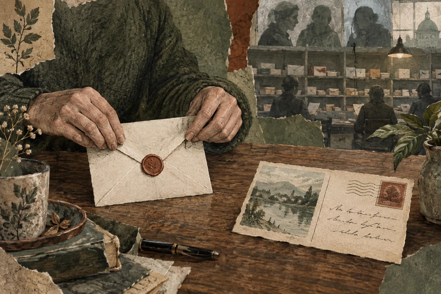 Hands fold a letter into a sealed envelope while an open postcard rests on a wooden table.