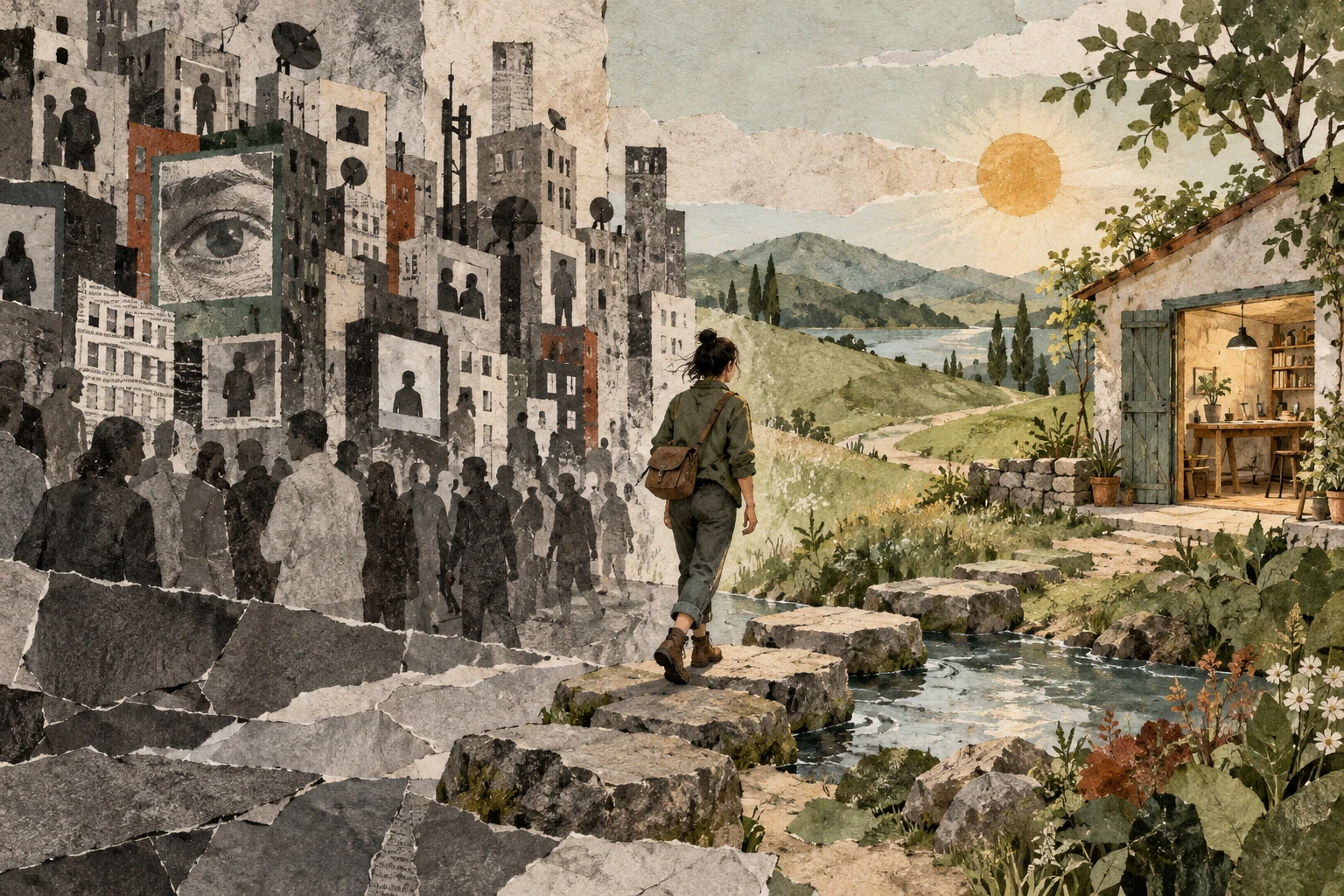 A traveller follows stepping stones from a crowded town toward a small workshop and an open landscape.