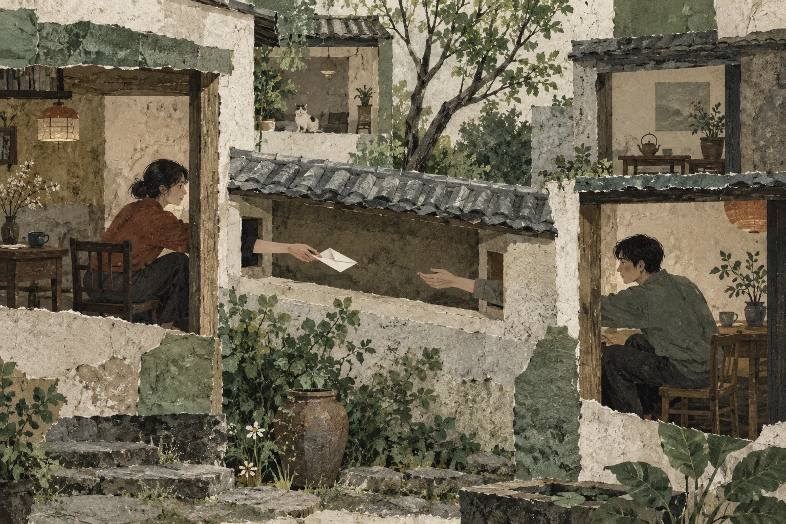 Two people exchange folded paper messages through a sheltered passage, with other conversations separated into distant rooms.