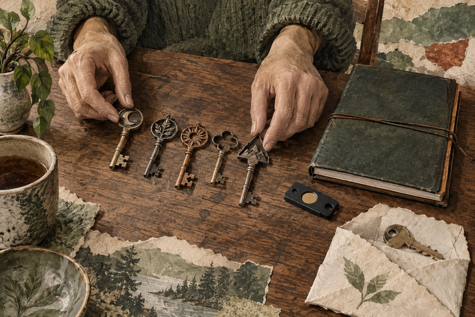 A person arranges distinct handmade keys beside a small personal notebook and a separate token on a desk.