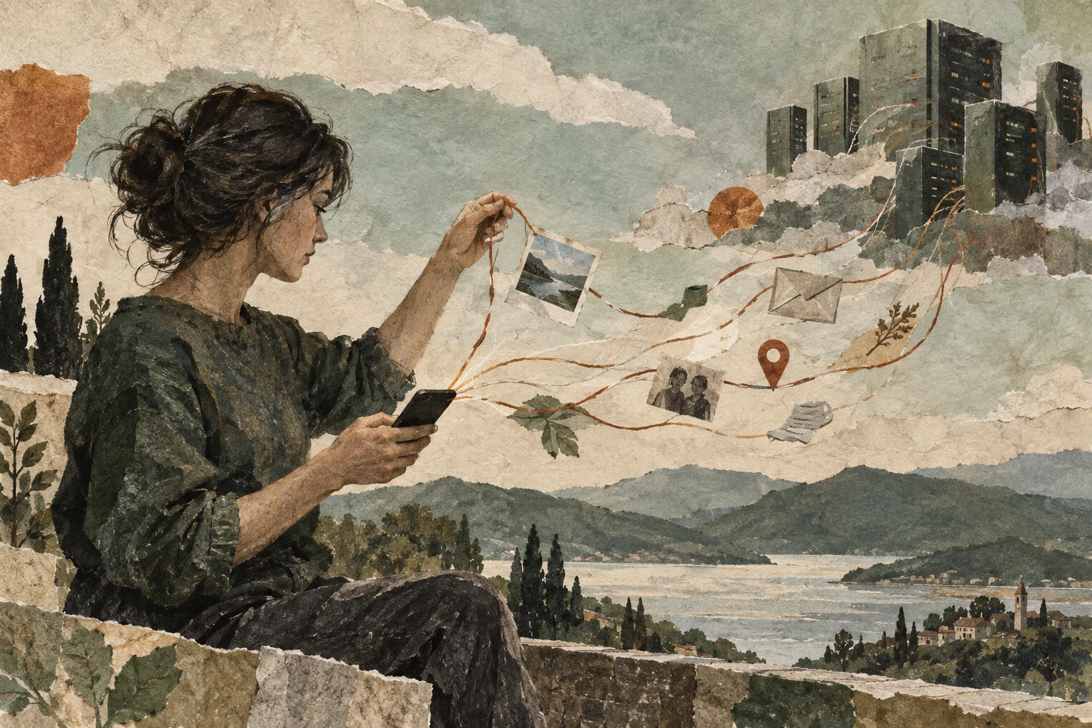 A person holds a phone and gathers a thread of personal data as photographs, an envelope, and a location pin drift toward distant servers.
