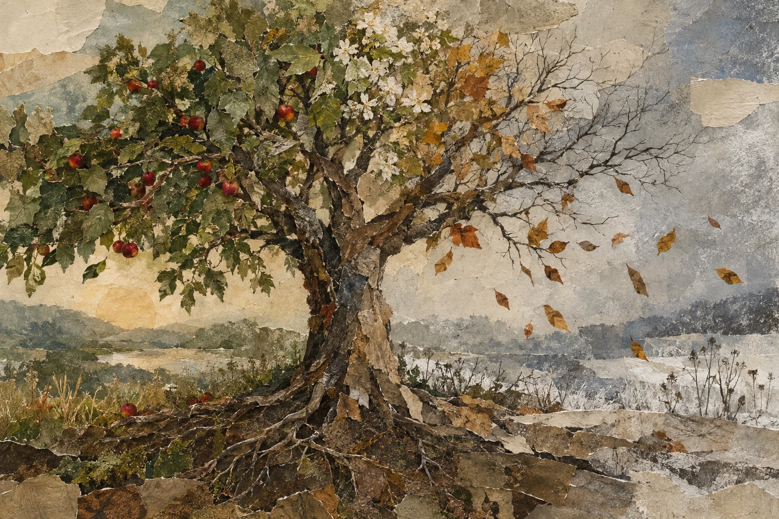 A torn-paper tree with deep roots, red summer fruit, fading leaves, and bare branches reaching into winter.