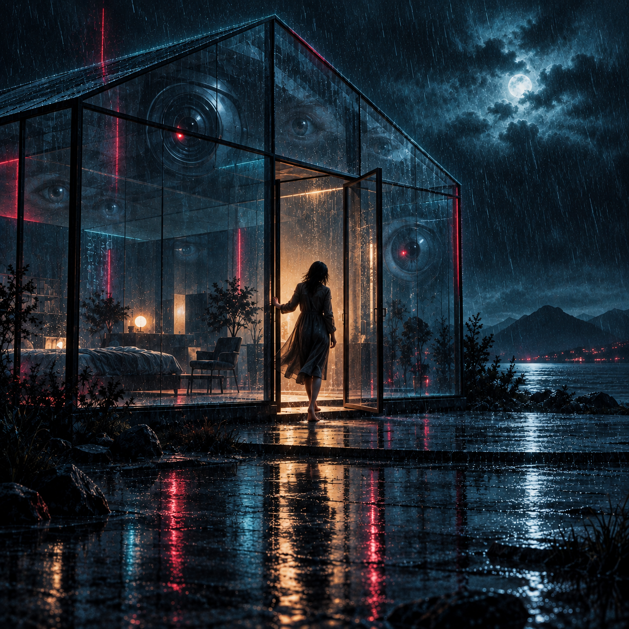 A barefoot woman steps from a glass house watched by eyes and camera lenses into cyan-lit rain