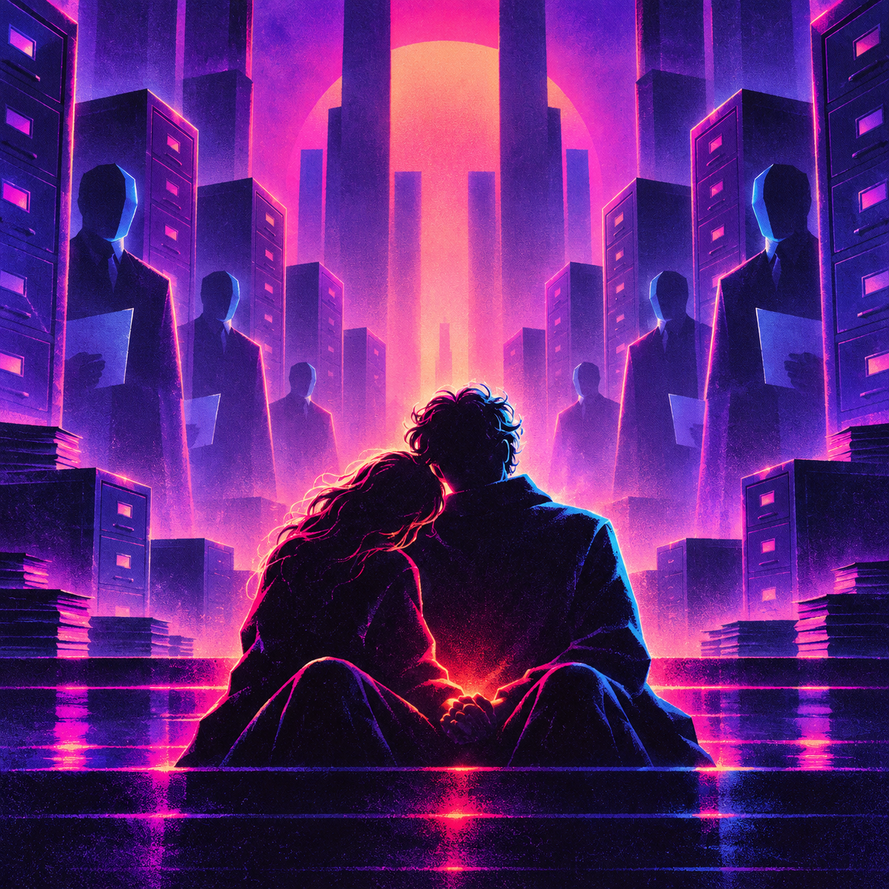 Two human silhouettes holding hands beneath a synthwave sun, facing faceless figures and a city of filing towers in violet, magenta and cyan.