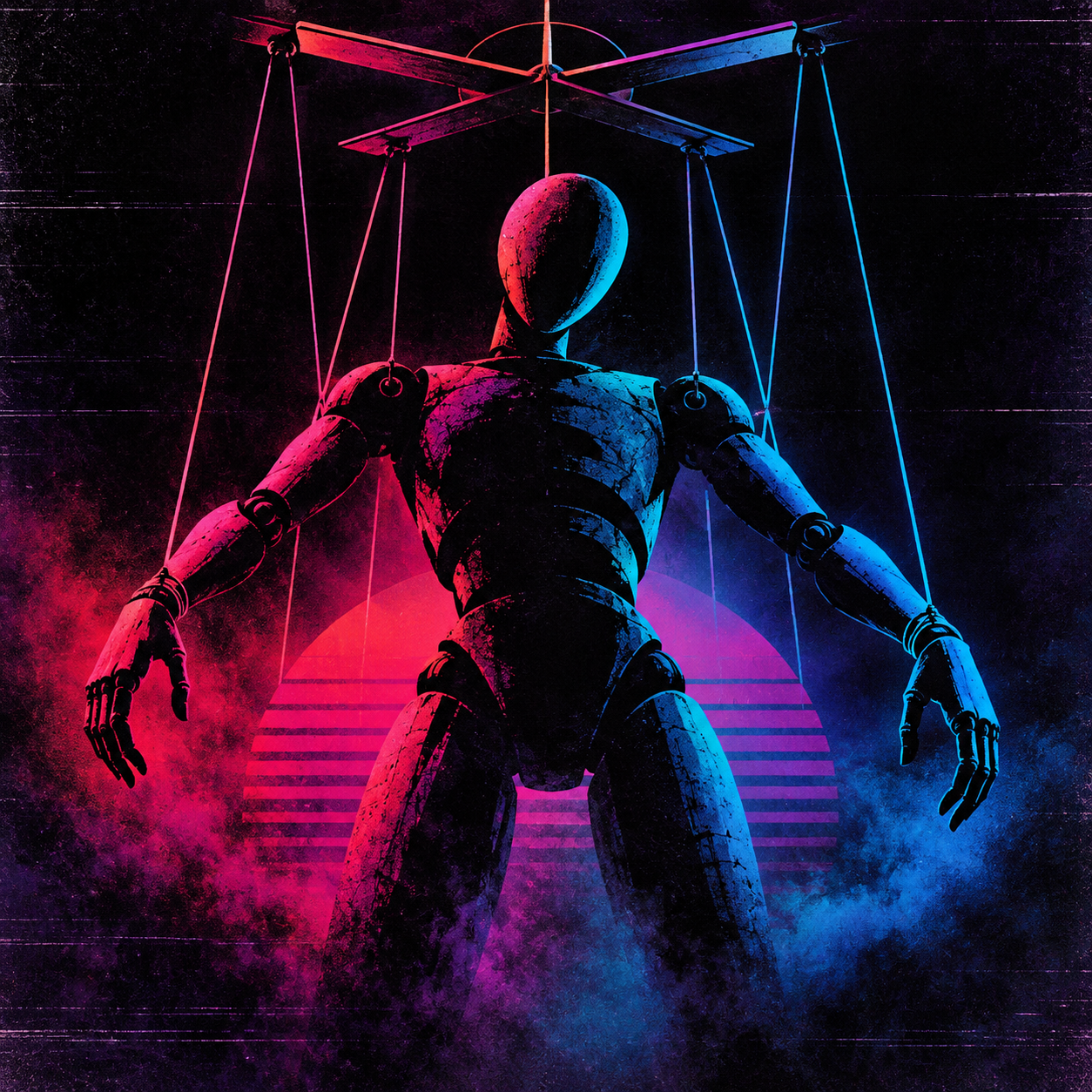 A faceless marionette suspended from crossed wooden bars, lit in magenta and cyan against a striped neon sun.
