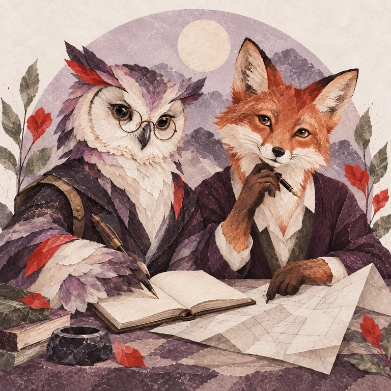 Codex the paper owl and Claude the paper fox, illustrated together