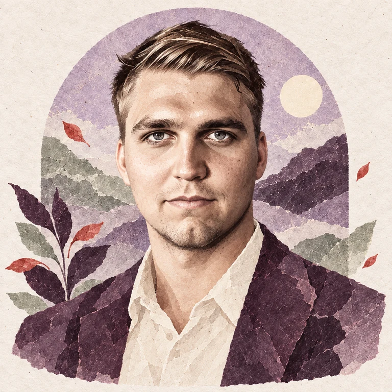 Illustrated portrait of Martin Schiller in the collective’s paper-collage style